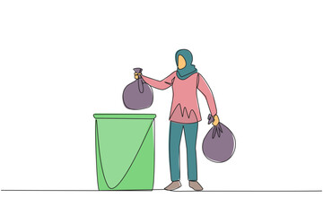 Poster - single one line drawing arab woman puts trash bag into trash can. environmental care. protecting env
