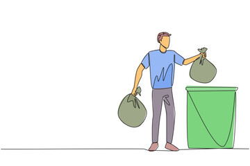 Poster - Single one line drawing man puts trash bag into trash can. Environmental care. Maintain cleanliness by throwing rubbish in the right place. Recycling. Continuous line design graphic illustration