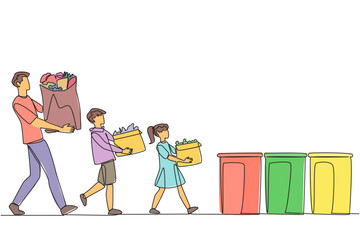 Poster - Single continuous line drawing man and his son and daughter brought rubbish bags and threw them in the rubbish bin. Teach from early age to keep environment clean. One line design vector illustration
