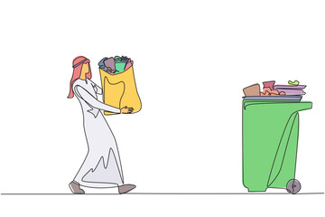 Poster - continuous one line drawing arab man walked carrying a trash bag in both hands towards trash can. ca