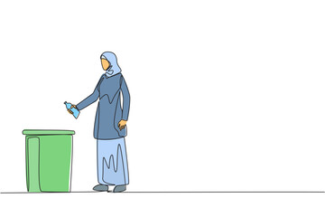 Poster - single continuous line drawing arabian woman throw used plastic bottles into overflowing trash cans.