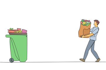 Poster - single one line drawing a young man walked carrying a trash bag in both hands towards the trash can.