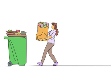 Poster - single continuous line drawing young woman walked carrying a trash bag in both hands towards the tra