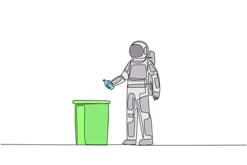 Sticker - Single continuous line drawing astronaut throw used plastic bottles into overflowing trash cans. Carrying rubbish brought down after the space expedition. Care. One line design vector illustration