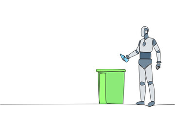 Poster - Continuous one line drawing robot throw used plastic bottles into overflowing trash cans. Environmental care. Programmed to always be clean. Future tech. Single line draw design vector illustration