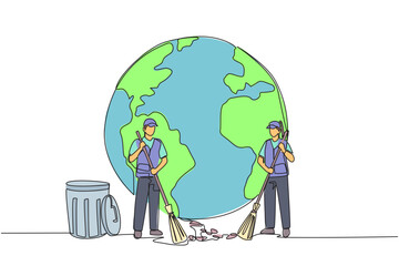 Poster - continuous one line drawing trash man and trash woman sweep up the trash scattered in front of globe