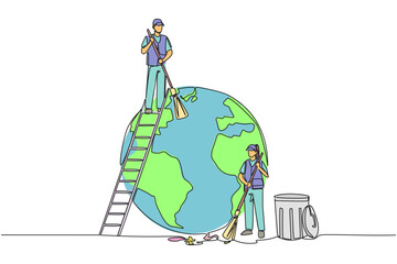 Wall Mural - Single continuous line drawing trash man climbs ladder to sweep top of the globe. His partner cleaned at bottom and around globe. Working together for the earth. One line design vector illustration