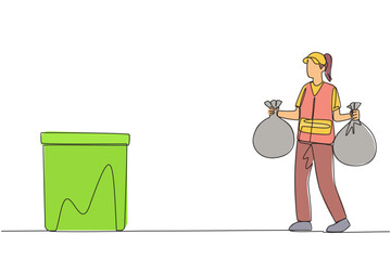 Poster - Single continuous line drawing trash woman carrying two plastic trash bags. Bring household rubbish to throw in the rubbish bin. Consciously maintain cleanliness. One line design vector illustration