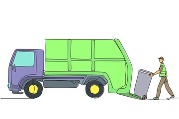 Poster - single one line drawing trash man loads the trash can into the trash truck. garbage trucks will driv
