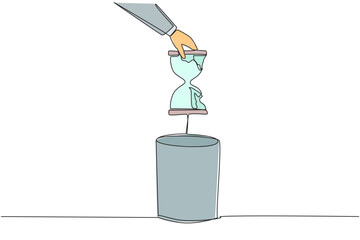 Poster - continuous one line drawing businessman's hand throwing away a broken hourglass. there is no countdo