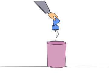 Poster - Single continuous line drawing businessman's hand throws away a crushed drink can. The correct way to dispose of it. Can be recycled. Useful waste. Broken. Cracked. One line design vector illustration