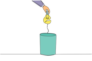 Poster - Single one line drawing businessman's hand throwing away a broken lightbulb. Unoriginal idea. Plagiarized ideas. Cannot make changes. Useless. Wrecked. Continuous line design graphic illustration