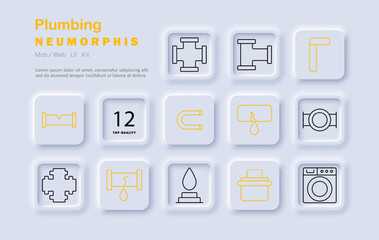 Plumbing set icon. Pipe, fitting, magnet, leak, drop, washer, pipeline, tap, plumbing tools, water supply, repair, maintenance, neomorphic style, infrastructure