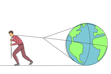 Poster - continuous one line drawing a man pulls a globe. a real action to make the earth a better place. kee