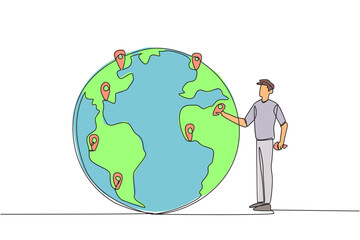 Canvas Print - Single one line drawing man places a pin location point on surface of globe. Mapping areas that are very important for immediate tree planting. Earth day. Continuous line design graphic illustration