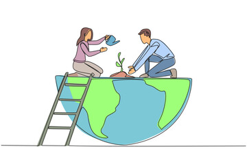 Poster - single one line drawing man and woman work together to plant trees. for the good of the earth. green