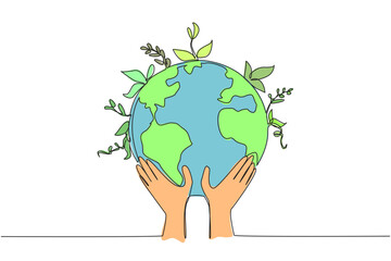 Poster - Single one line drawing two hands holding a globe. Care about the earth. Planting plants for healthier air. Environmental care. World environment day. Continuous line design graphic illustration