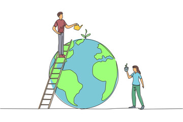 Poster - Continuous one line drawing man and woman work together to green the earth. Plant as many trees as can. Makes the air cleaner. Ecology concept. Environment. Single line draw design vector illustration