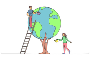 Poster - continuous one line drawing a man climbs a ladder watering a tree whose leaves form a globe. working