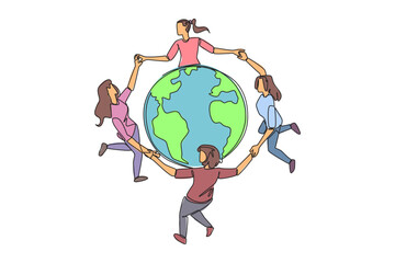 Poster - Continuous one line drawing a group of women make a circle around the globe. Be happy and cheerful in keeping nature in good condition. Protect the world. Single line draw design vector illustration