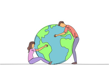 Poster - single continuous line drawing a man and woman hugging the globe in their own style. really love the