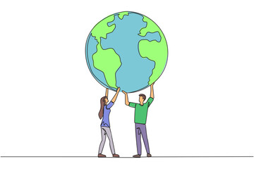 Single continuous line drawing a man and a woman hold up a globe together with both hands. Teamwork to make the earth more habitable. Reforestation. Earth day. One line design vector illustration