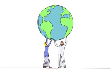 Poster - single continuous line drawing arab man and arab woman hold up globe together with both hands. teamw