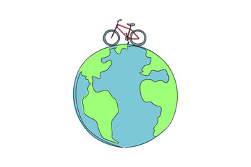 Wall Mural - Single continuous line drawing bike on a globe. Vehicles without harmful exhaust gases. Environmentally friendly vehicle. Healthy vehicle. World environment day. One line design vector illustration