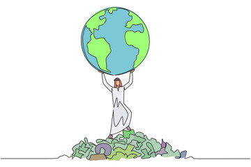 Poster - single continuous line drawing arab man raises globe with both hands. keep earth free from scattered