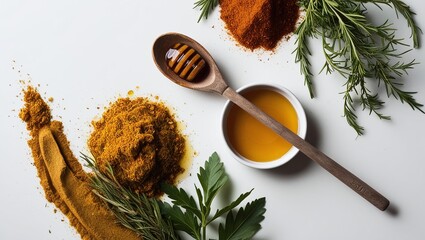 Fresh organic spices for healthy cooking: Red pepper, garlic, herbs, and green leaves in a white glass cup