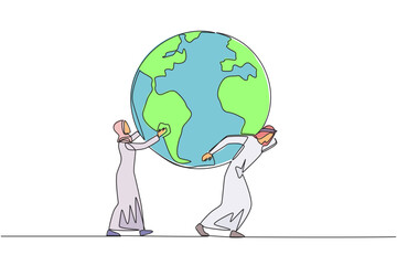 Poster - continuous one line drawing globe is carried by arab man assisted by arab woman who holds it. suppor