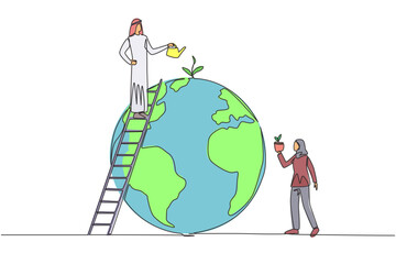 Poster - Continuous one line drawing Arab man and woman work together to green the earth. Plant as many trees as possible. Reduce excess pollution. Protect earth. Single line draw design vector illustration