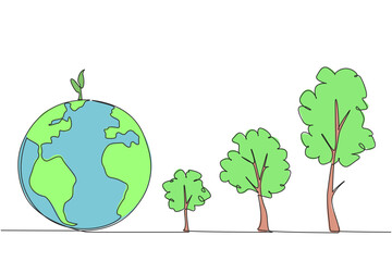 Poster - single continuous line drawing bud grow above the globe. the better the condition of the earth, the 
