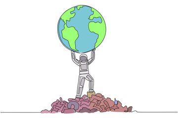 Poster - single continuous line drawing astronaut raises globe with both hands. earth is no longer beautiful.