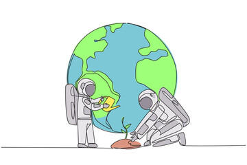 Poster - Single one line drawing little astronaut standing watering the plants. A special lesson to love the earth. Teach from an early age. Cosmonaut save planet. Continuous line design graphic illustration