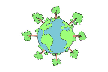 Poster - single one line drawing globe with forest. beautiful environment. produces lot of oxygen. natural fo
