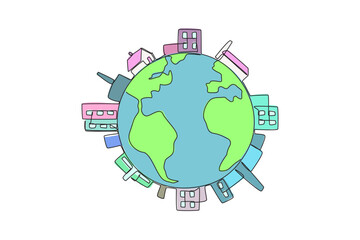 Poster - continuous one line drawing buildings surround edge of the globe. industrial area. mostly there is p