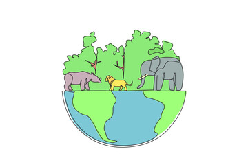 Poster - single continuous line drawing lush trees and several animals. habitat for living creatures. a maint