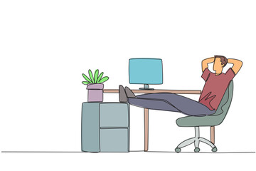 Poster - continuous one line drawing man sits in work chair with his hands behind head and his legs raised on