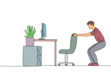 Canvas Print - Single continuous line drawing man stands with a slight bend and both hands hold the top of chair. Overtime on weekends. Work and doing light exercise at same time. One line design vector illustration