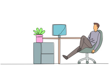 Wall Mural - Continuous one line drawing man sits in work chair with one of legs raised and folded. Work overtime on weekends. Pay attention to stagnant projects. Relax. Single line draw design vector illustration