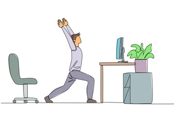 Poster - Single one line drawing man stands with both hands raised and legs stretched. Work overtime on weekends. Try focus to complete work as quickly as possible. Continuous line design graphic illustration
