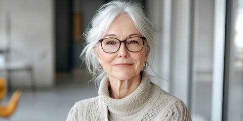 Wall Mural - senior woman is photographed looking at the camera successful older businesswoman with spectacles standing in office is a happy old professor. 