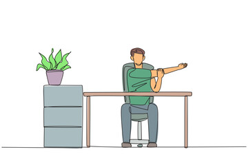 Poster - single continuous line drawing man sitting in a work chair with his arms crossed. stretching. do nor