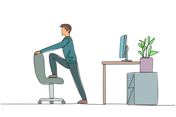 Poster - Single one line drawing the man stands while lifting one of his legs onto a chair. Work overtime on weekends. Balance work and exercise. Keeping focused. Continuous line design graphic illustration