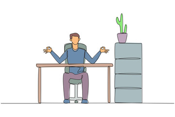 Poster - single one line drawing man sitting in a work chair with his fingers rounded. calm. doing yoga durin