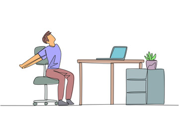 Poster - Continuous one line drawing man sitting in work chair stretching arms behind back. Eliminates little nervousness before online presentation. Overtime. Single line draw design vector illustration