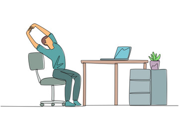 Poster - continuous one line drawing man sitting in work chair while raising both hands. stretching. excited 