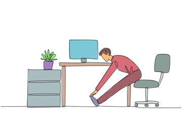 Poster - single continuous line drawing man sits in work chair with his legs straightened, hands hold legs. l