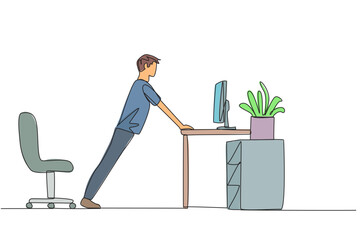 Poster - continuous one line drawing man do push up movements by holding edge of work table. stretch to get s
